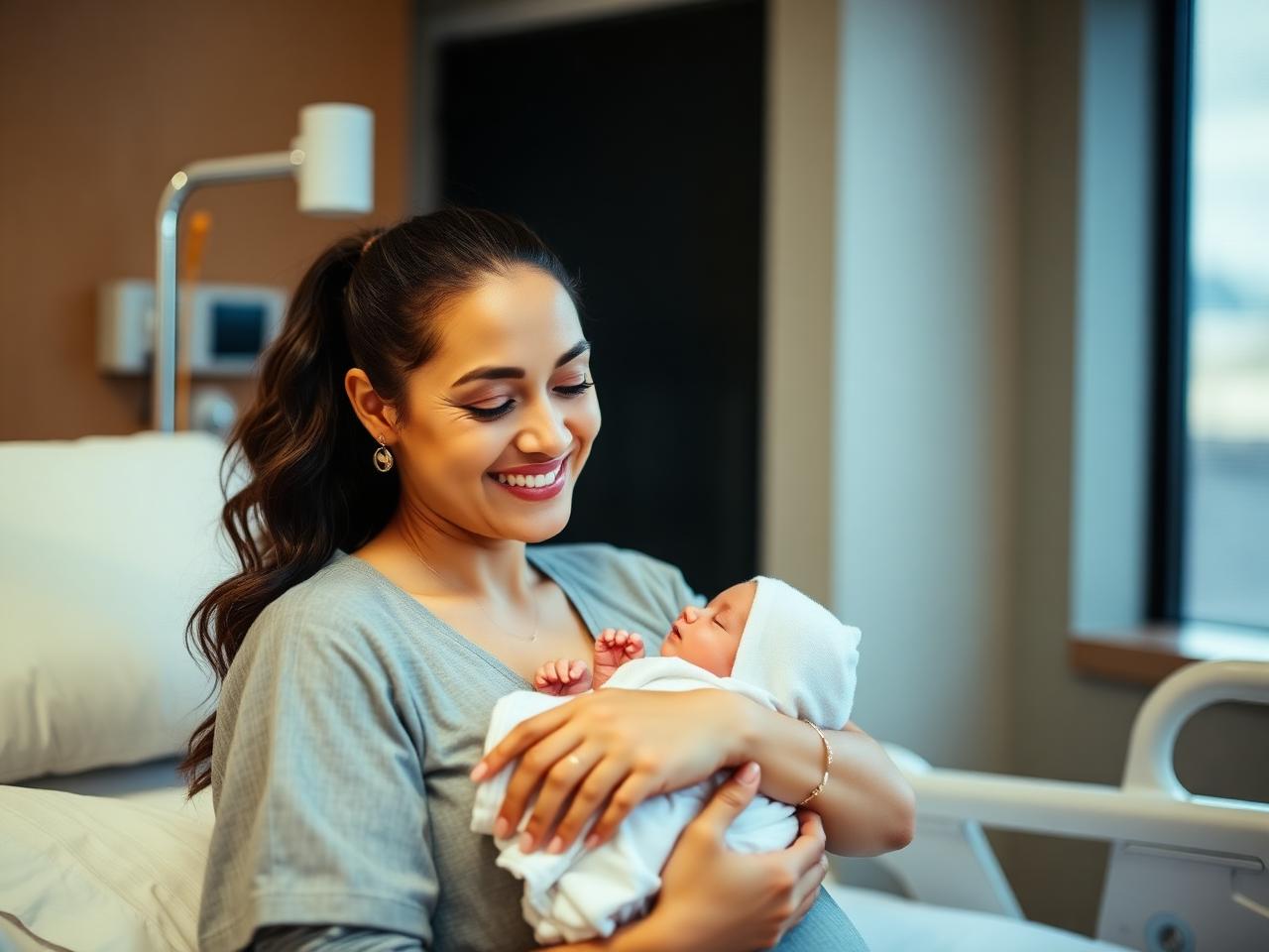 Madre con recién nacido en sala de maternidad